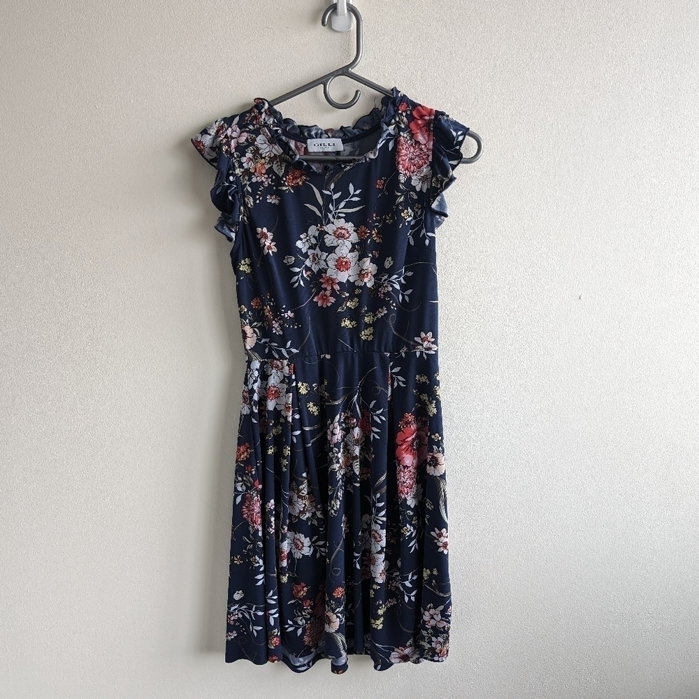 Navy Blue Dress with Floral Pattern and Flutter Sleeves | Size Small